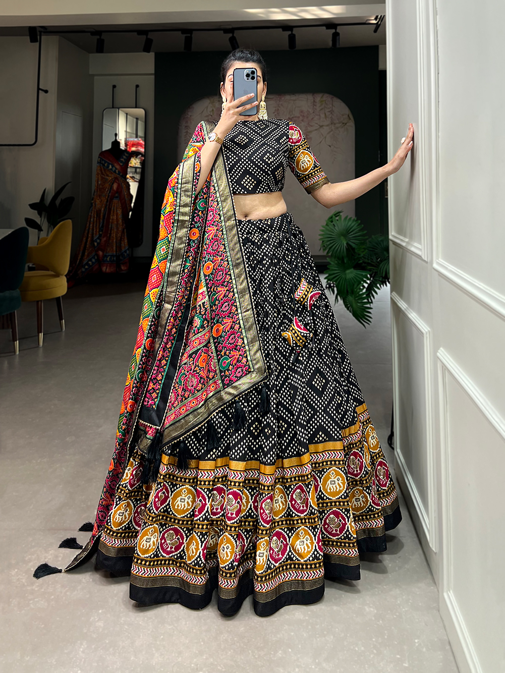 Traditional Patola & Bandhani Tusser Silk Lehenga Set - Image 4
