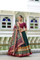 Royal Patola & Ikat Tusser Silk Lehenga Choli Set-Green