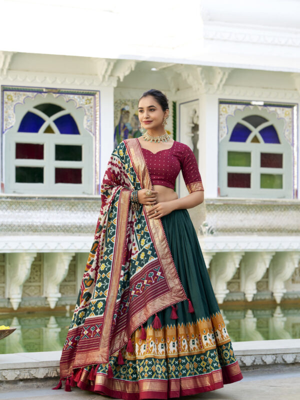 Royal Patola & Ikat Tusser Silk Lehenga Choli Set-Green