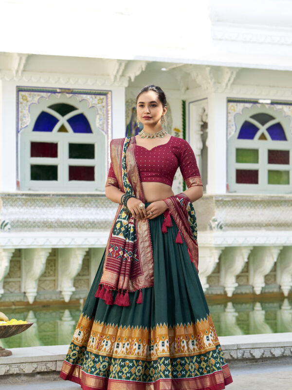 Royal Patola & Ikat Tusser Silk Lehenga Choli Set-Green
