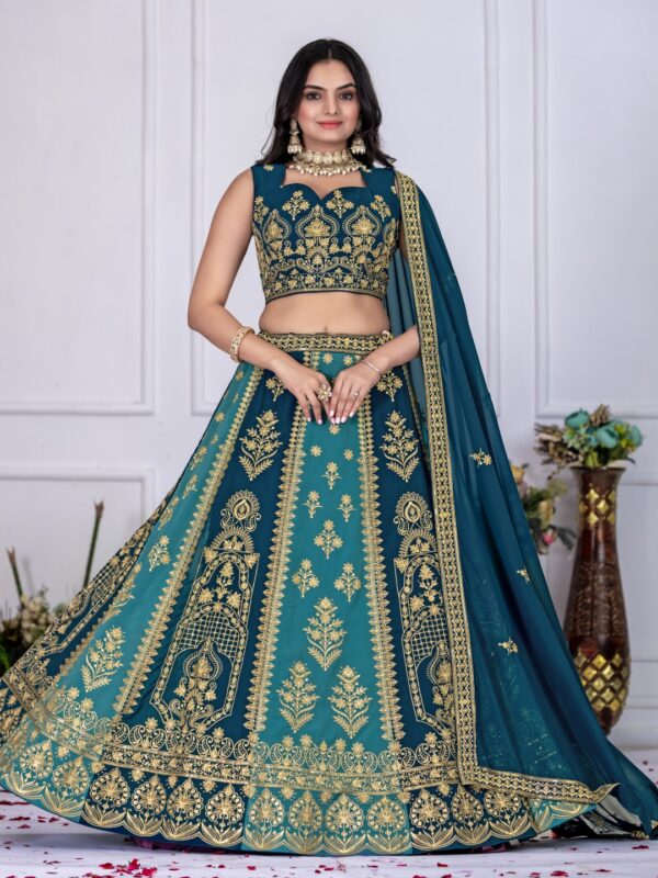 Teal Royal Panel-Embroidered Lehenga Set